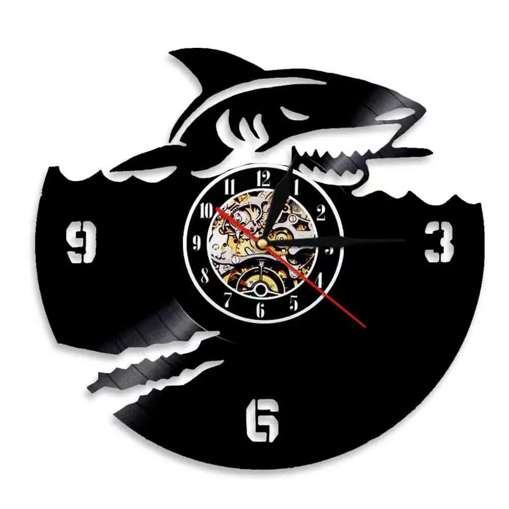 Shark Vinyl Record Wall Clock LED Remote Backlight Ocean Sea Life Silent Quartz Watch Game Room Garage Cool Boy Man Cave Gift