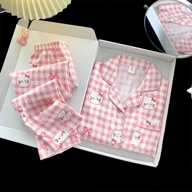 أطقم بيجامات نسائية من سانريو هالو كيتي ملابس نوم غير رسمية للخريف برسوم كارتونية لطيفة بأكمام طويلة ملابس نوم منزلية جديدة