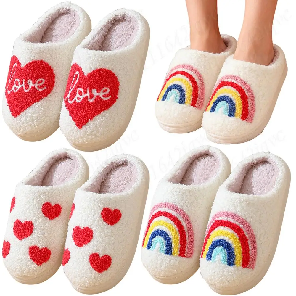 

Children Cotton Slippers Cozy Fuzzy Slippers Cute Warm Home Shoes Winter Plush Rainbow Indoor Shoes Living Room Slip On Slippers