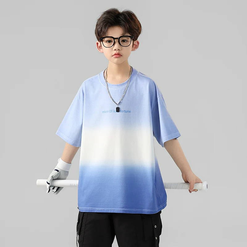 New Kids Boy Short Sleeve Blue Gradient Cotton T-shirt High Quality Children Casual Tshirt Children School Summer Clothing 5-14T