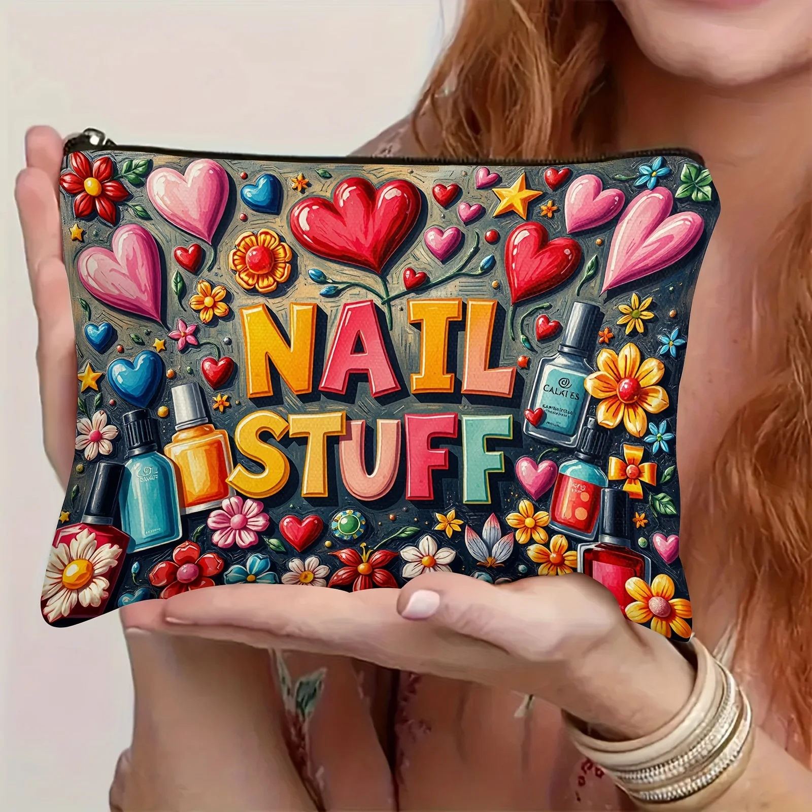 1Pc Nail Art Supplies, with Colorful Hearts and Floral Retro Designs, Multifunctional Travel Makeup Bag, Snack Storage Bag, Stationery Storage Bag, Fashionable Toiletry Bag, Canvas Double-Sided Printed Zipper Pouch