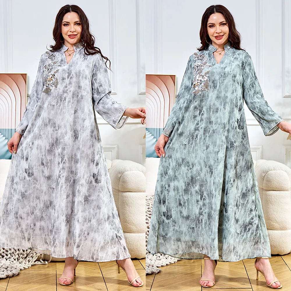 

Мусульманское платье Ид, женское вечернее платье с принтом, Абая, Рамадан, бриллиантовый цветок, кафтан с бисером, халат Джалабия, Vestidos Largos, Дубайские платья 2026