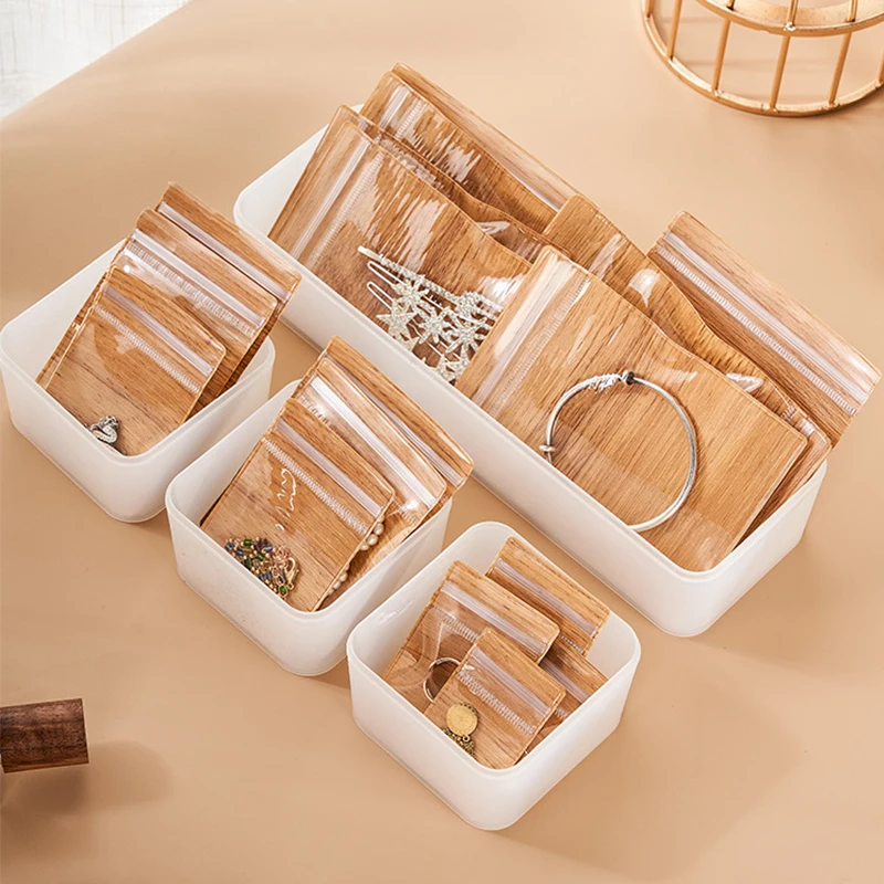 50PCS Half-Transparent PVC Jewelry Bag Wood Grain Ziplock Pouches fit Handmade DIY Necklace Earring Bracelet Packaging Wholesale