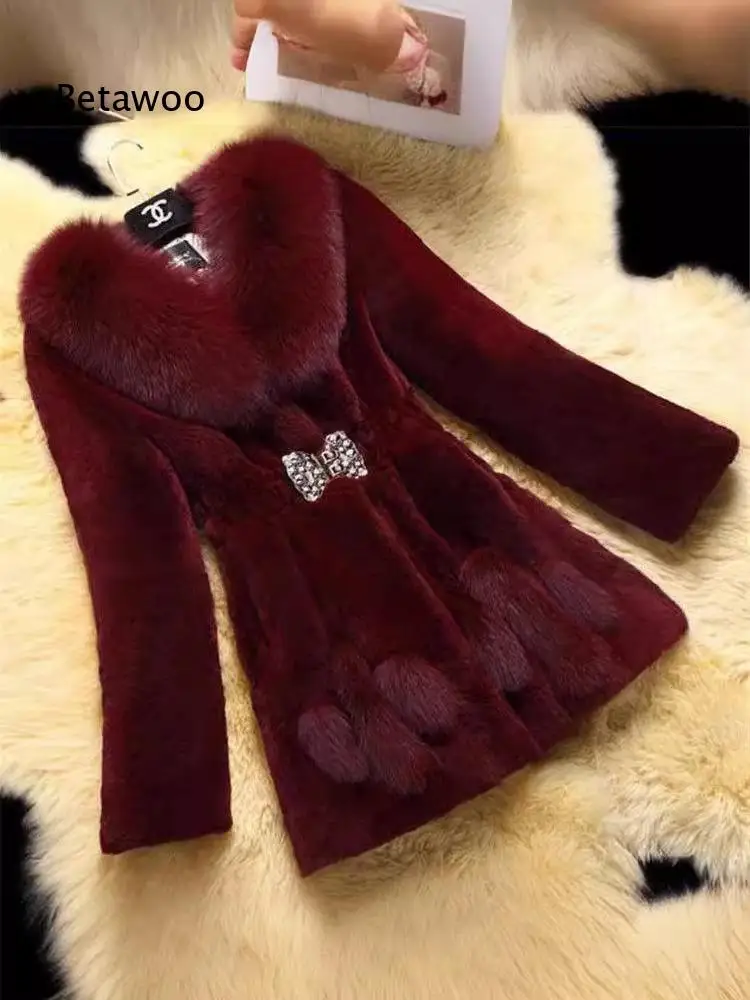 Womens mid length faux fur coat for autumn winter mom style mink like plush overcoat with fox style fur collar korean cut slim