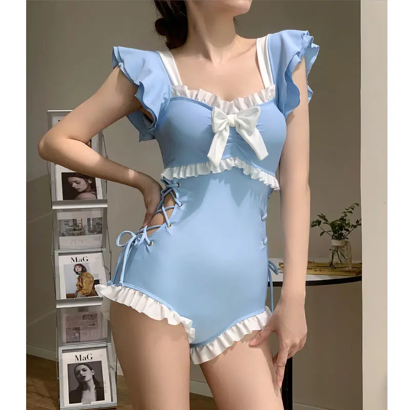 Korean Girl Summer Sweet Bow Ruffles Patchwork High Waist Swimsuit Women Sexy Push Up Slim Beach Wear Bathing One Piece Swimwear image 3