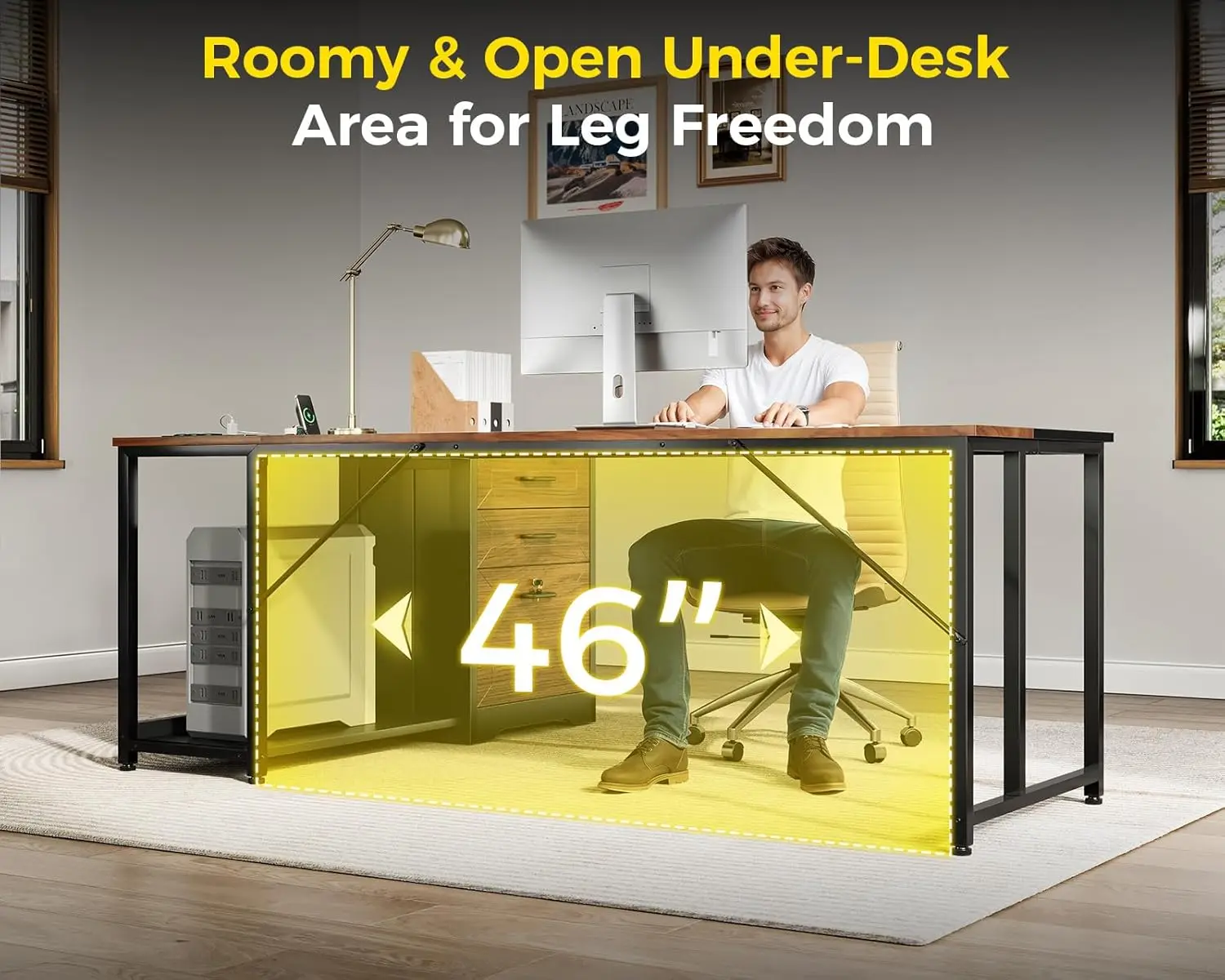 

L-Shaped Corner Desk with Wood Drawers, Lockable Cabinet, Built-in Outlets, Reversible 21.7' Depth, Walnut Finish