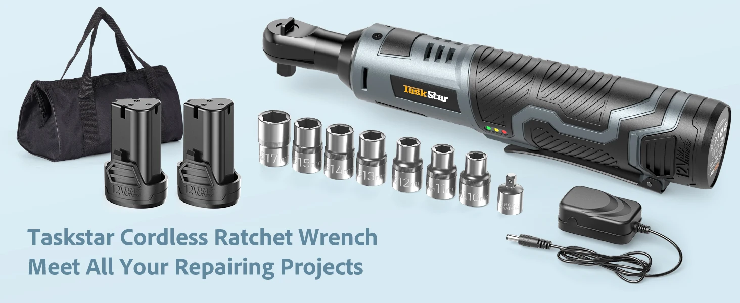 TaskStar 12V 3/8' Electric Ratchet Wrench Set W/ 2.0Ah Battery Rechargeable Angle Wrench 40Nm Disassembly Nut Car Repair Tool