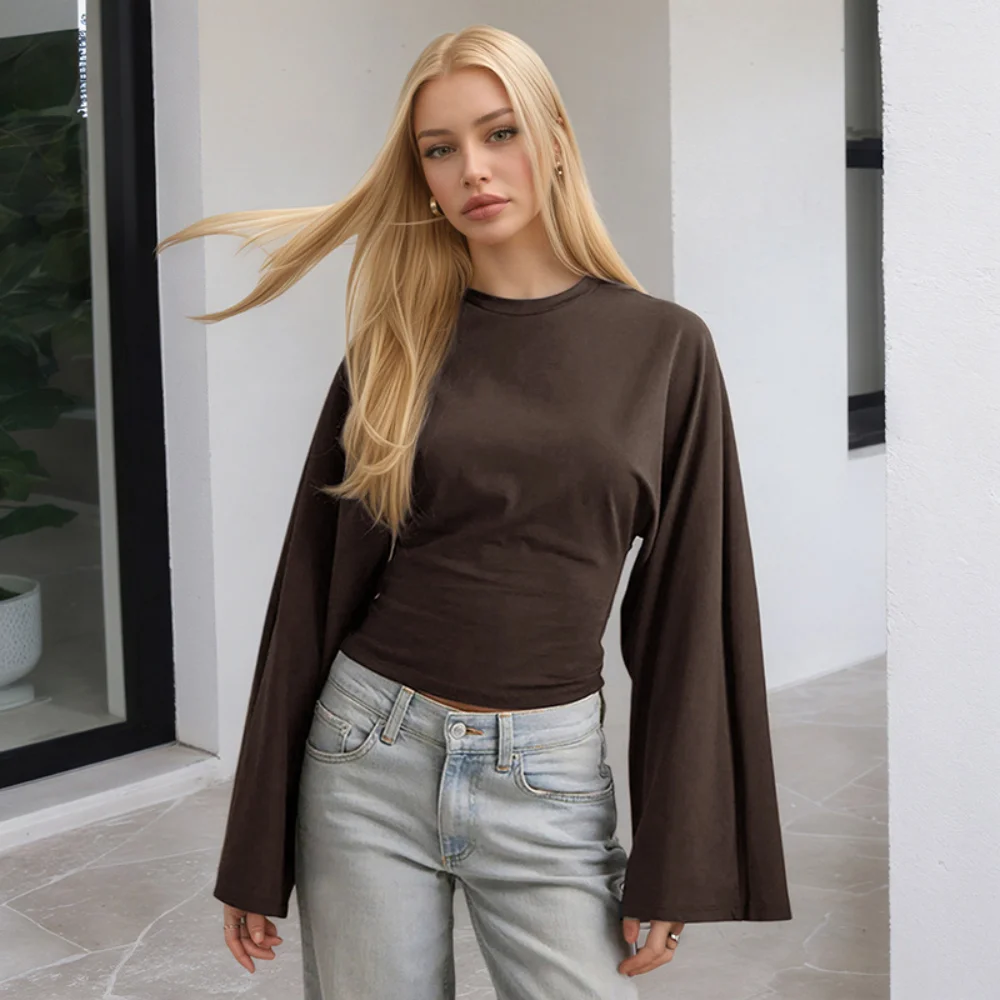 

Women's Long Sleeve O-Neck Skinny T-Shirt Monochromatic Crop Top Casual Y2K Streetwear Fashion Pullover OutfitWaist up sexysumme