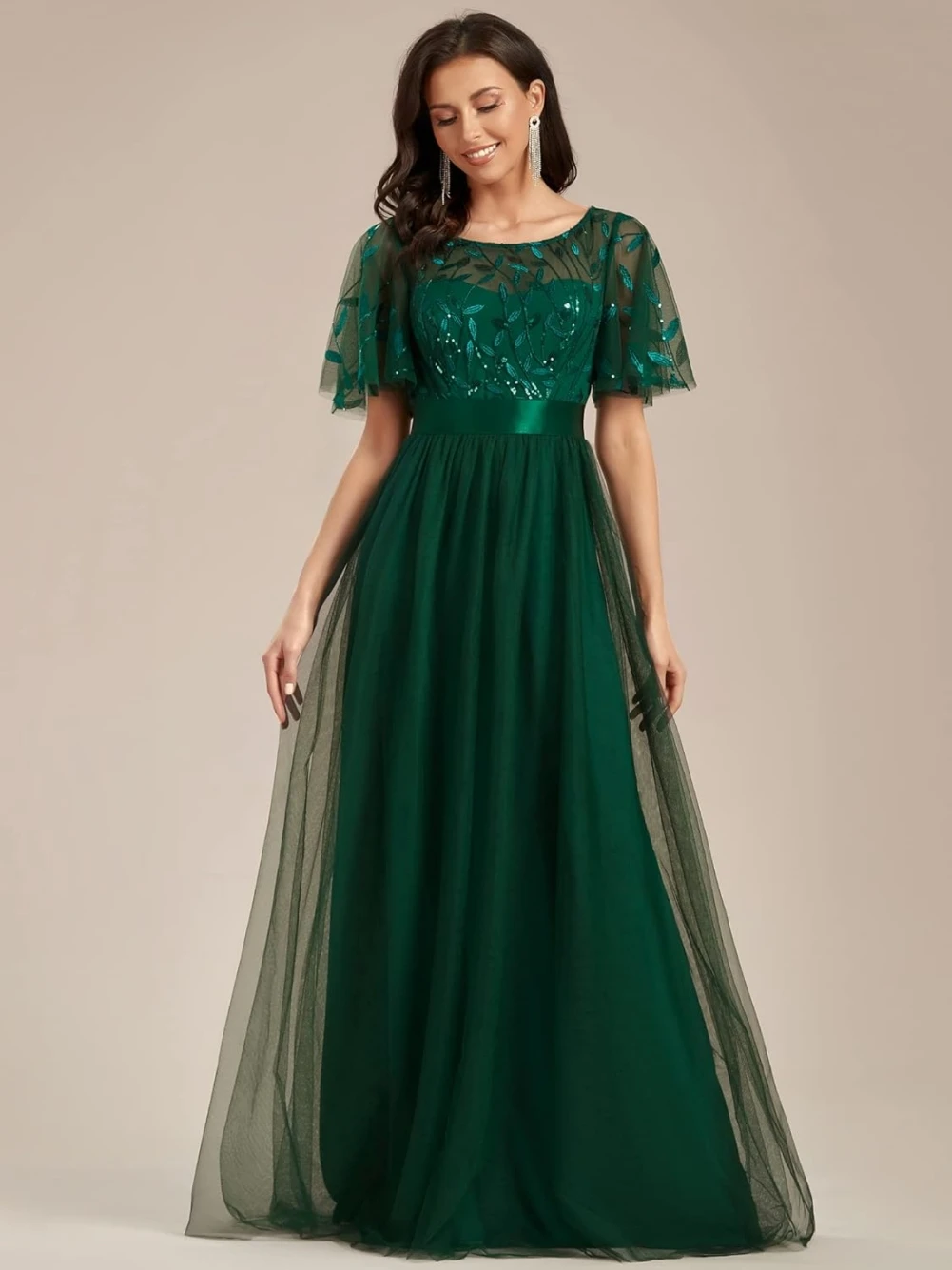 

Womens Formal Prom Dresses Crew Neck Mothers of The Bride Dresses Sequin Ruffle Sleeve Empire Waist Beaded Long Evening Dresses