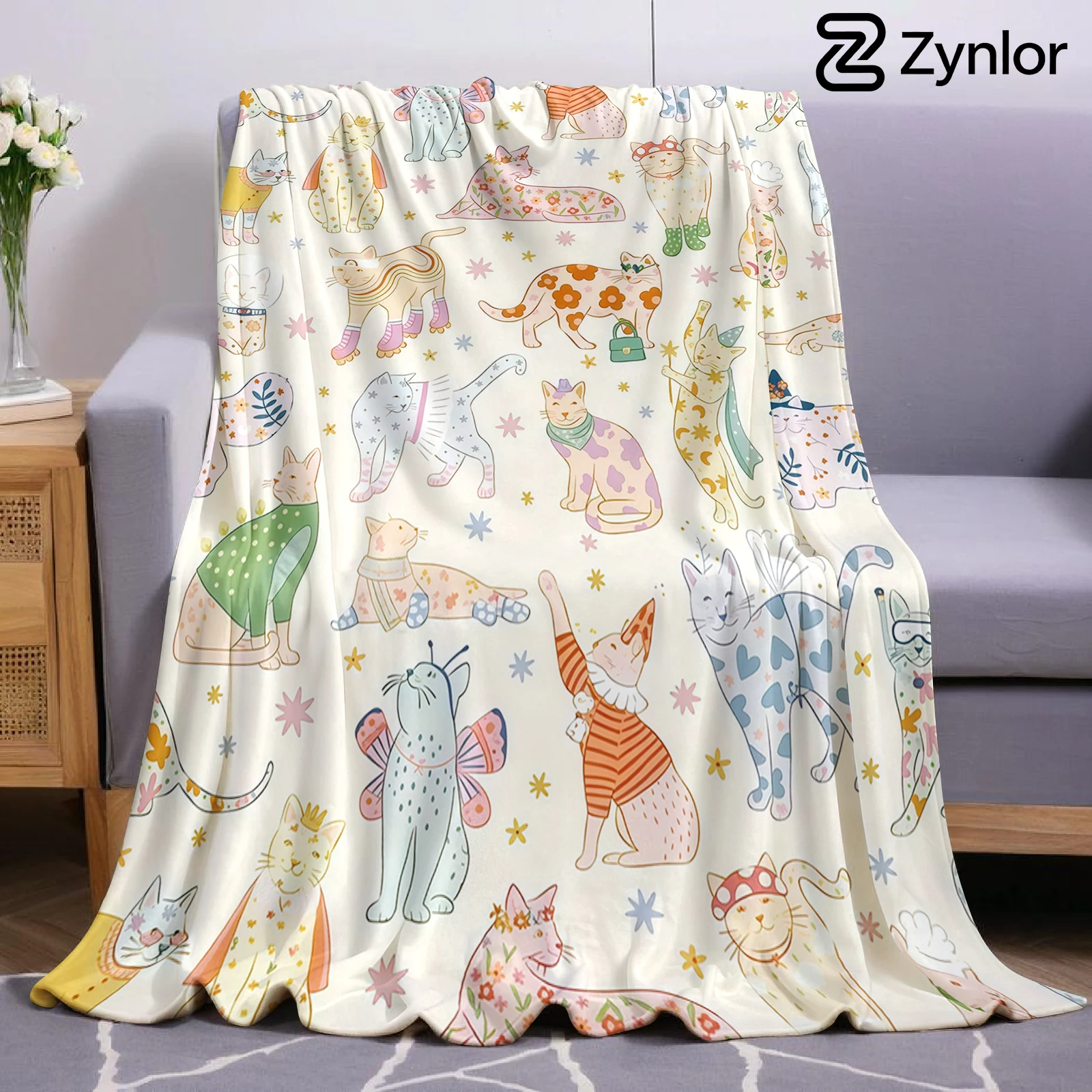 Fashion Cat Lightweight Microfiber Soft Christmas Fleece Blanket Warm Cozy Throw for Bed Sofa Office Travel All Season