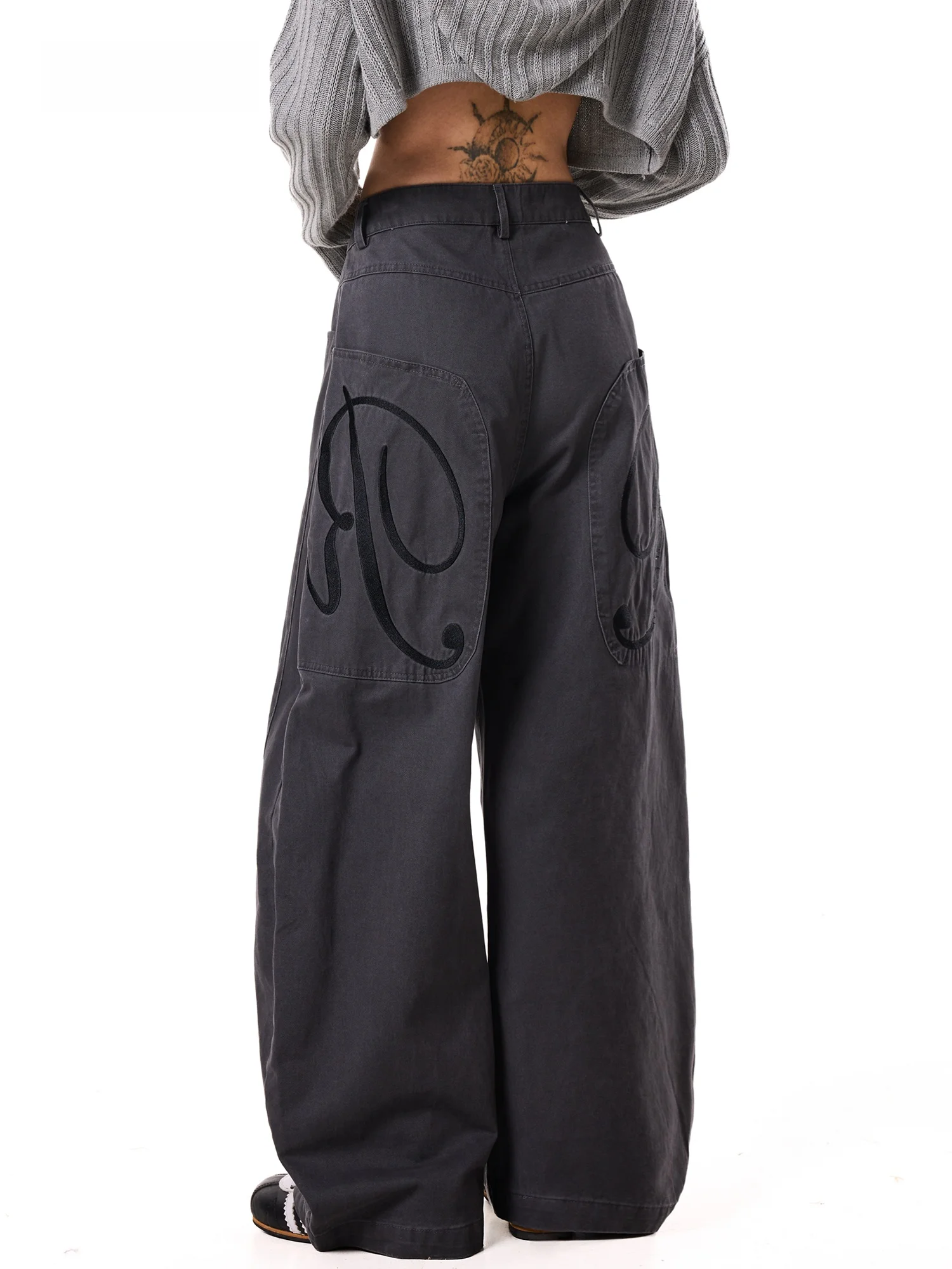 Deep Grey Embroidered Wide Leg Workwear Trousers Women's Knife  Casual Pants American Style High Waist Button Closure