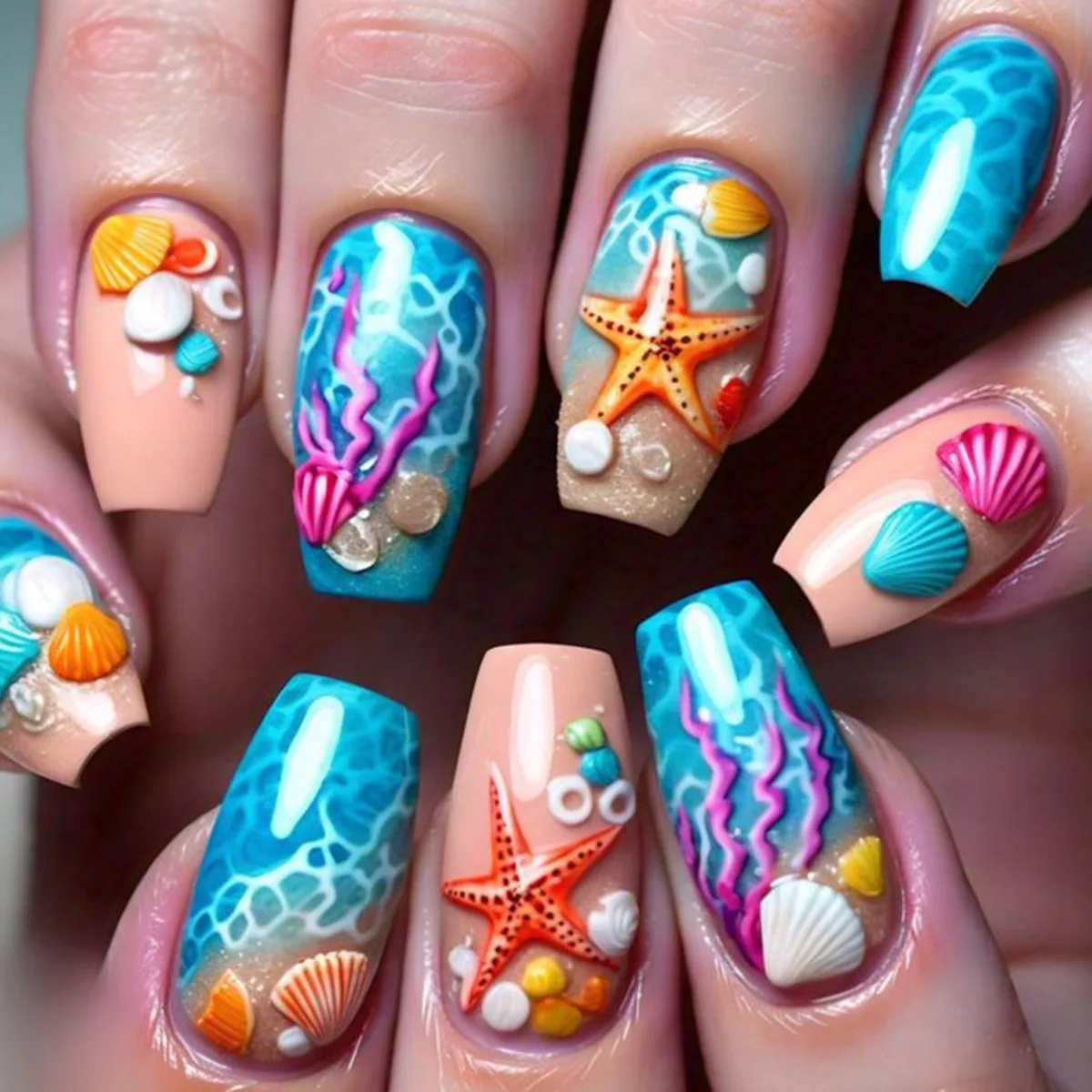 

24pcs Ocean Blue Press on Nails Art Mid-length Ballet Nails Tips Seashell Starfish Design False Nail Sets Detachable Fake Nail