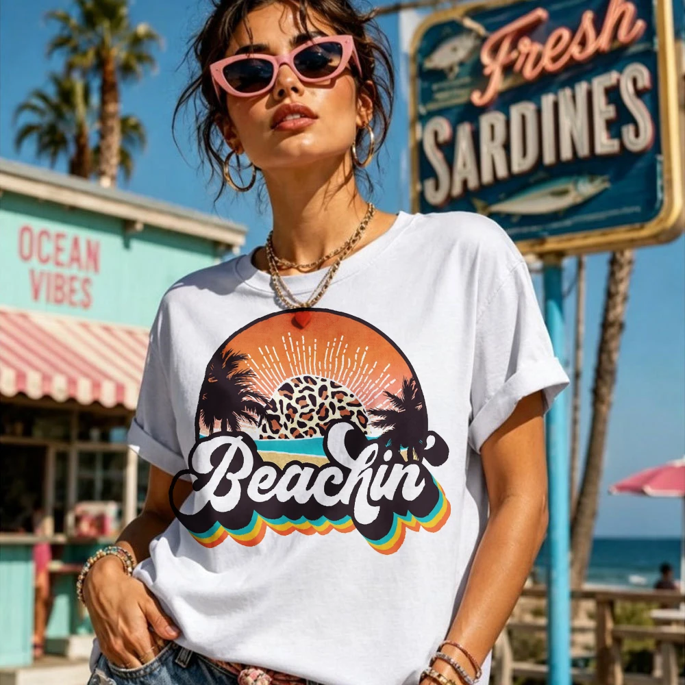 Beachin Retro Sunset Leopard Palm Tree Graphic T Shirt Vintage Rainbow Letter Print Oversized Cotton Women T Shirt