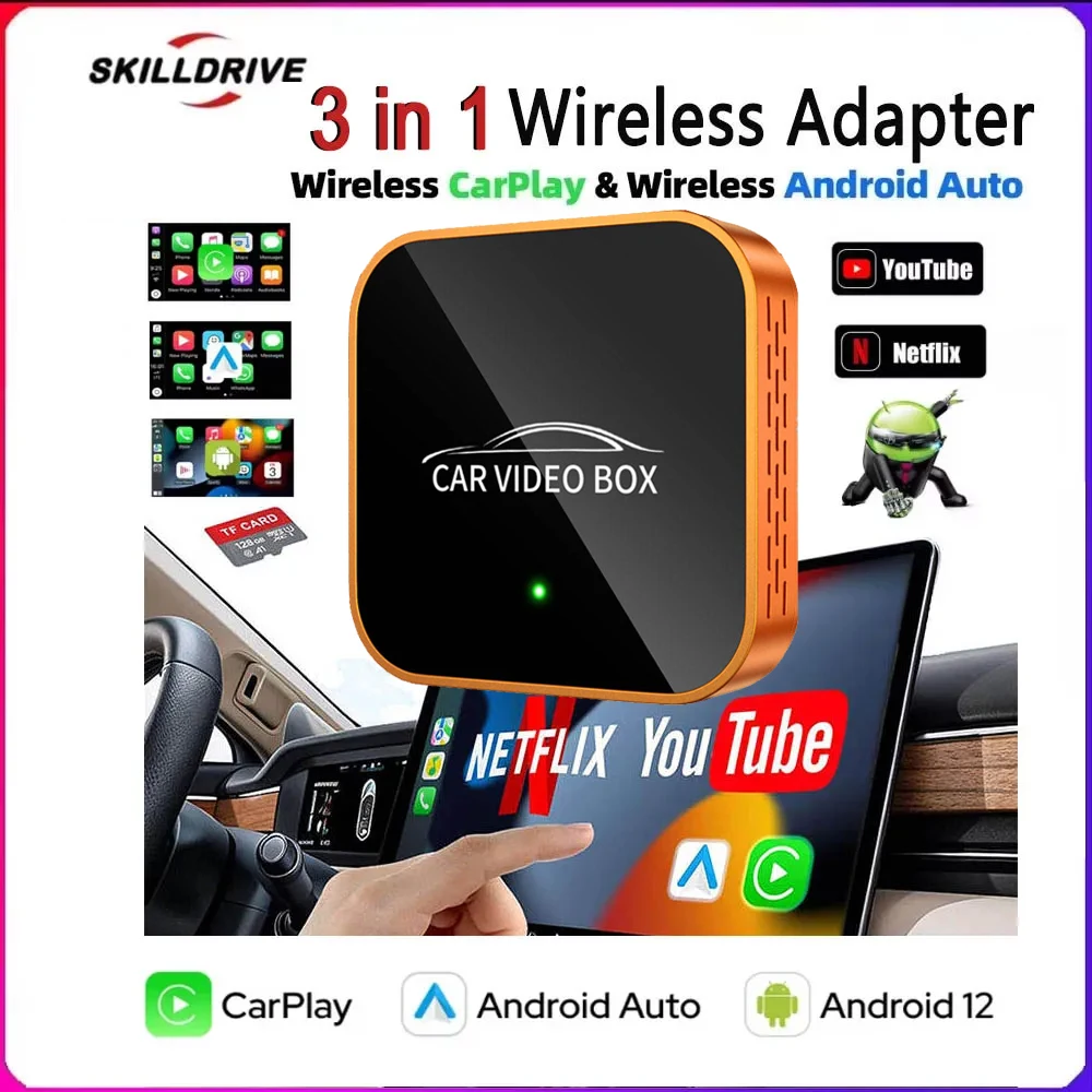 

Мультимедийный беспроводной адаптер Skilldrive 3-в-1 с двойным Wi-Fi для CarPlay и Android Auto, AI-бокс для воспроизведения видео с YouTube и Netflix