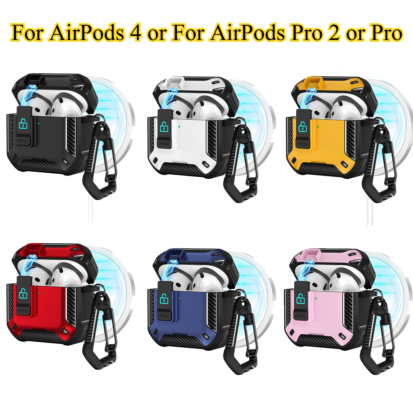 2025 جديد ألياف الكربون سماعة غطاء ل AirPods 4 برو 2 2nd Pro2 غطاء مع حامل هاتف قفل كليب درع للصدمات للرجال