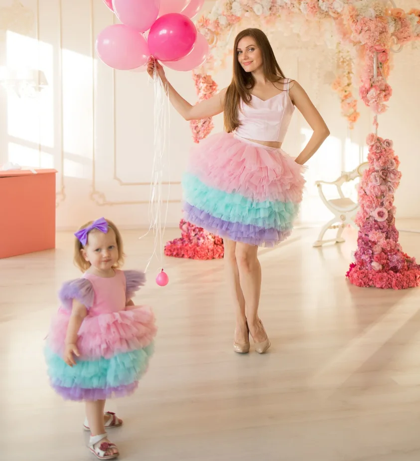 Mommy And Me Dresses For Photoshoot Summer Style Rainbow Matching Dresses Birthday Party Outfits Kid Clothing Baby Tutu Gown