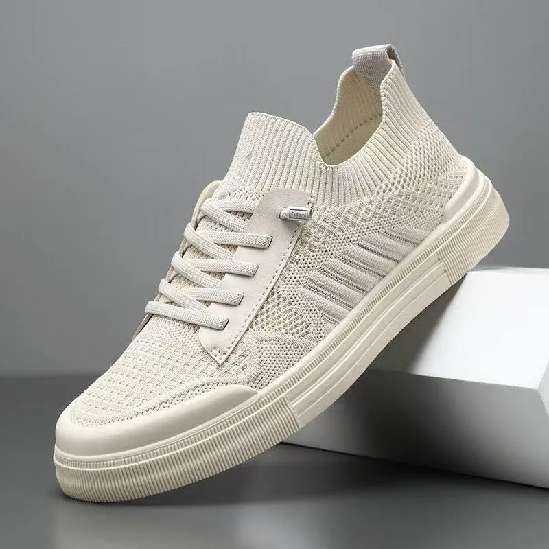 Men's Black Knitted Sports Shoes Wear-Resistant Flat Bottom Breathable Casual Fashionable Low Cut Mesh Sneakers for Autumn