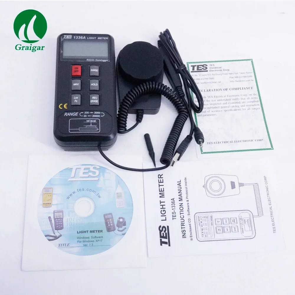 TES1336A Lightness Meter Digital Illuminance Tester 20/200/2000/20000 Lux TES-1336A Datalogging Light Meter With USB