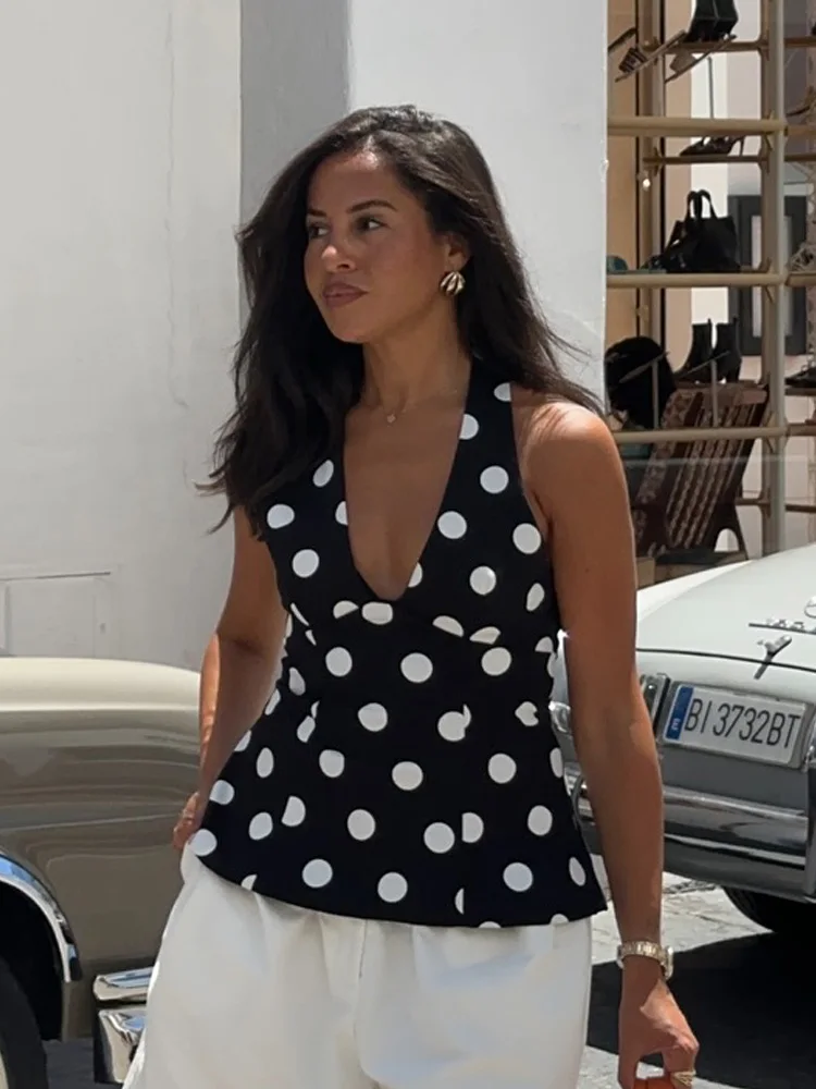 

HH Fashion Woman Black Polka Dot Backless Bow Decoration Neck Halter Summer Vest Tops Women Sleeveless Backless Sexy Tops