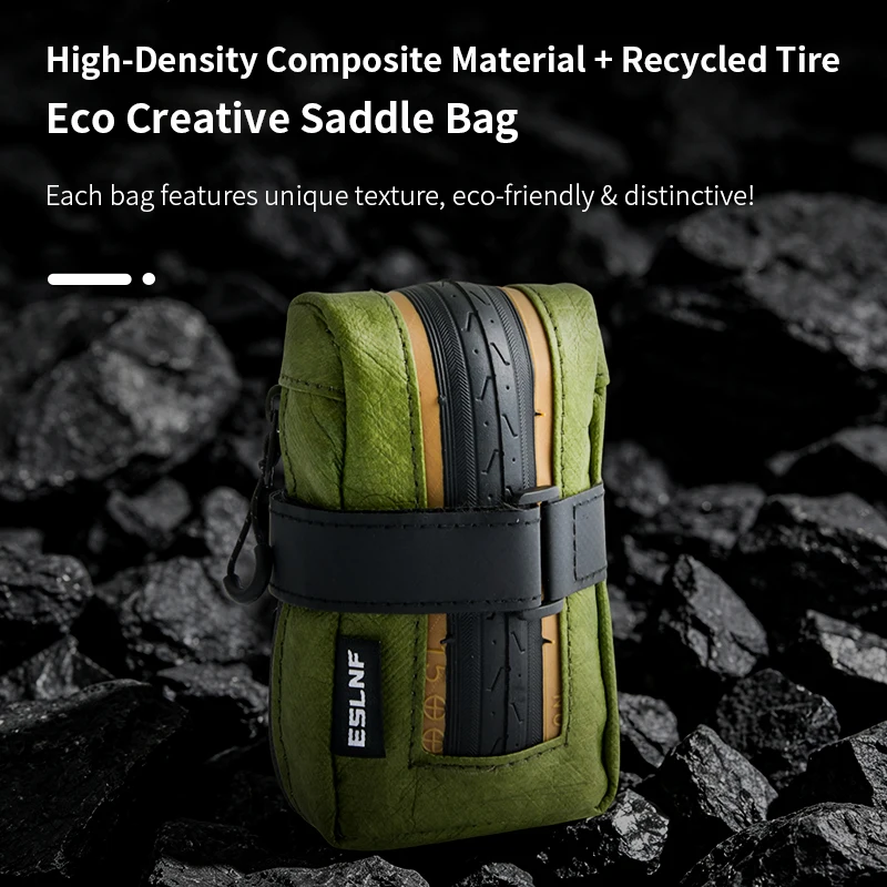 ESLNF Bicycle Saddle Bag Recycled Tire Material Waterproof Cycling Tail Pouch Strap Mount Small Storage Bag Outdoor Riding