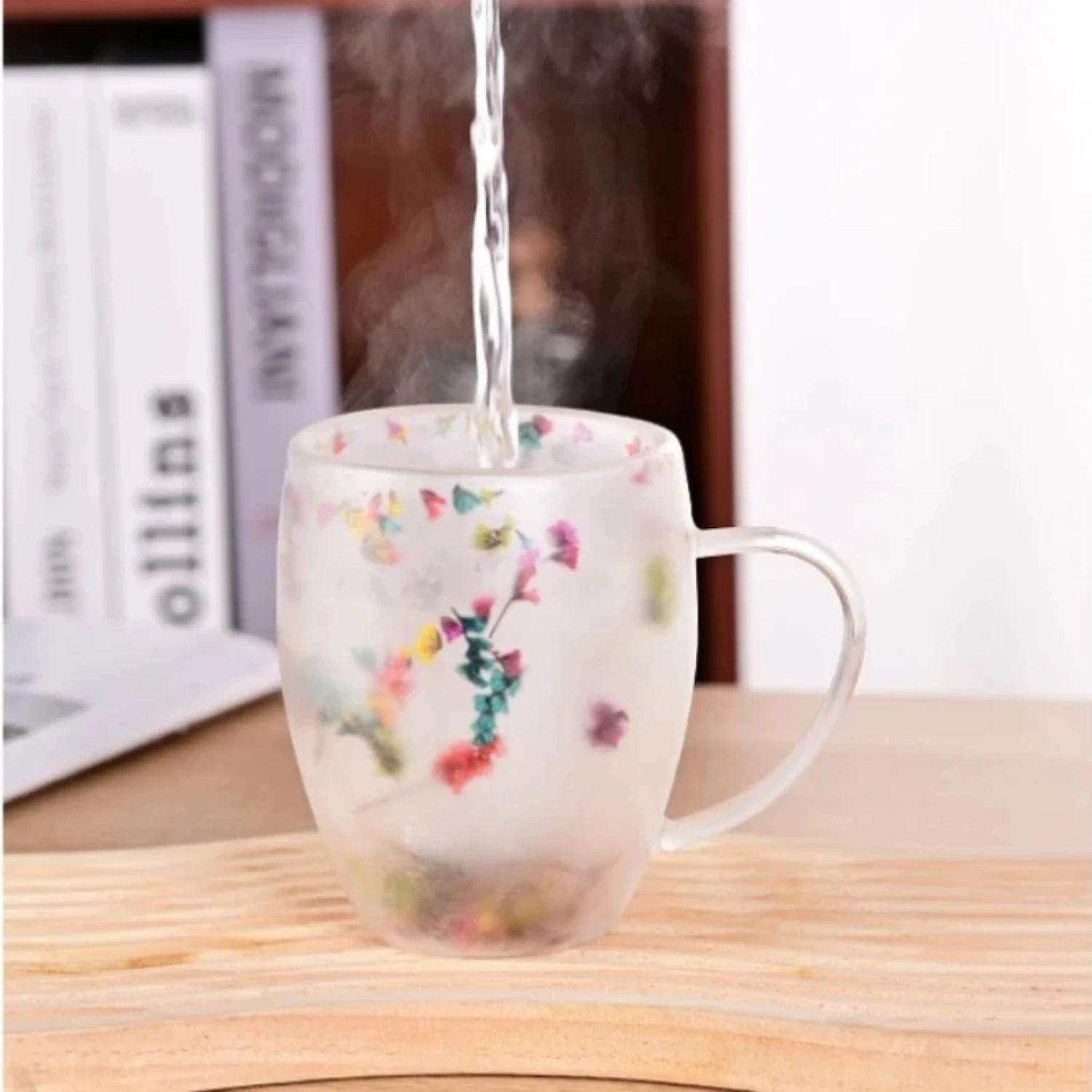 350ml Artificial flower Pattern Heat Insulated Quicksand Water Cup Double Walled Glass Coffee Mug Reusable Handwash Glassware