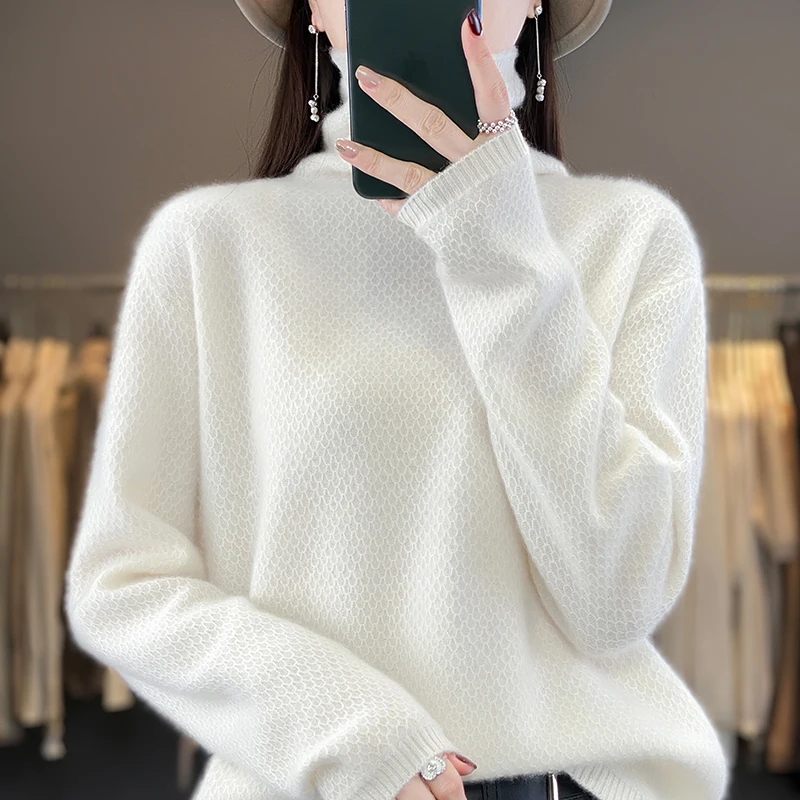 New 100% Pure Cashmere Sweater Women's Pile Neck Hollowed Out Sweater Korean Version Of Turtleneck Knit Women's Slim Sweater