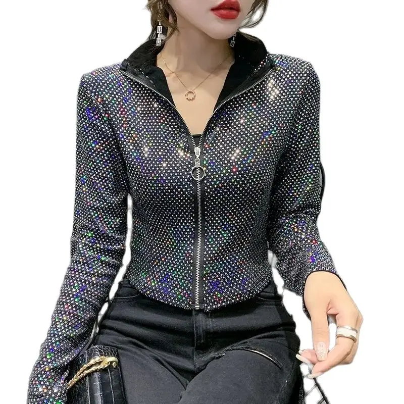 

Flash Sequined Short Coat Women's Spring Autumn Jacket 2024 New Design Joker zipper Slim Bottoming Shirt tops Female Outerwear