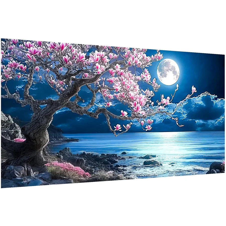 5D diamond painting Magnolia flowers, moon, blue lake scenery diamond embroidery cross stitch mosaic big size home decoration