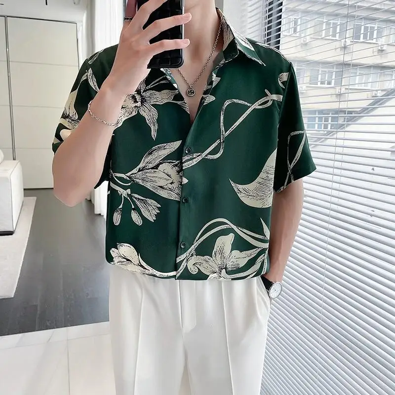 

2024 Fashion Flower Shirts Men Short Sleeve Loose Casual Shirts High Quality Non Ironing Social Party Streetwear Men Clothing