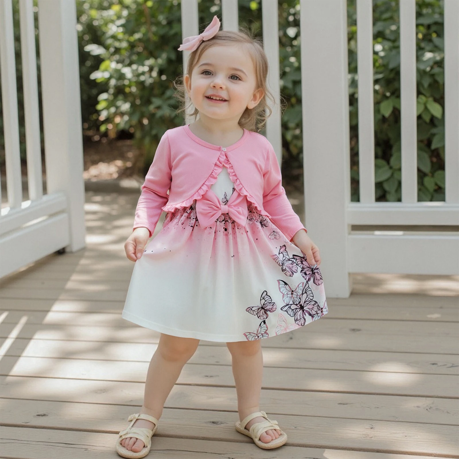 0-4Y Baby Girls Autumn 2 Piece Outfits Long Sleeve Ruffle Trim Tops Butterfly Print Tank Dress Sets