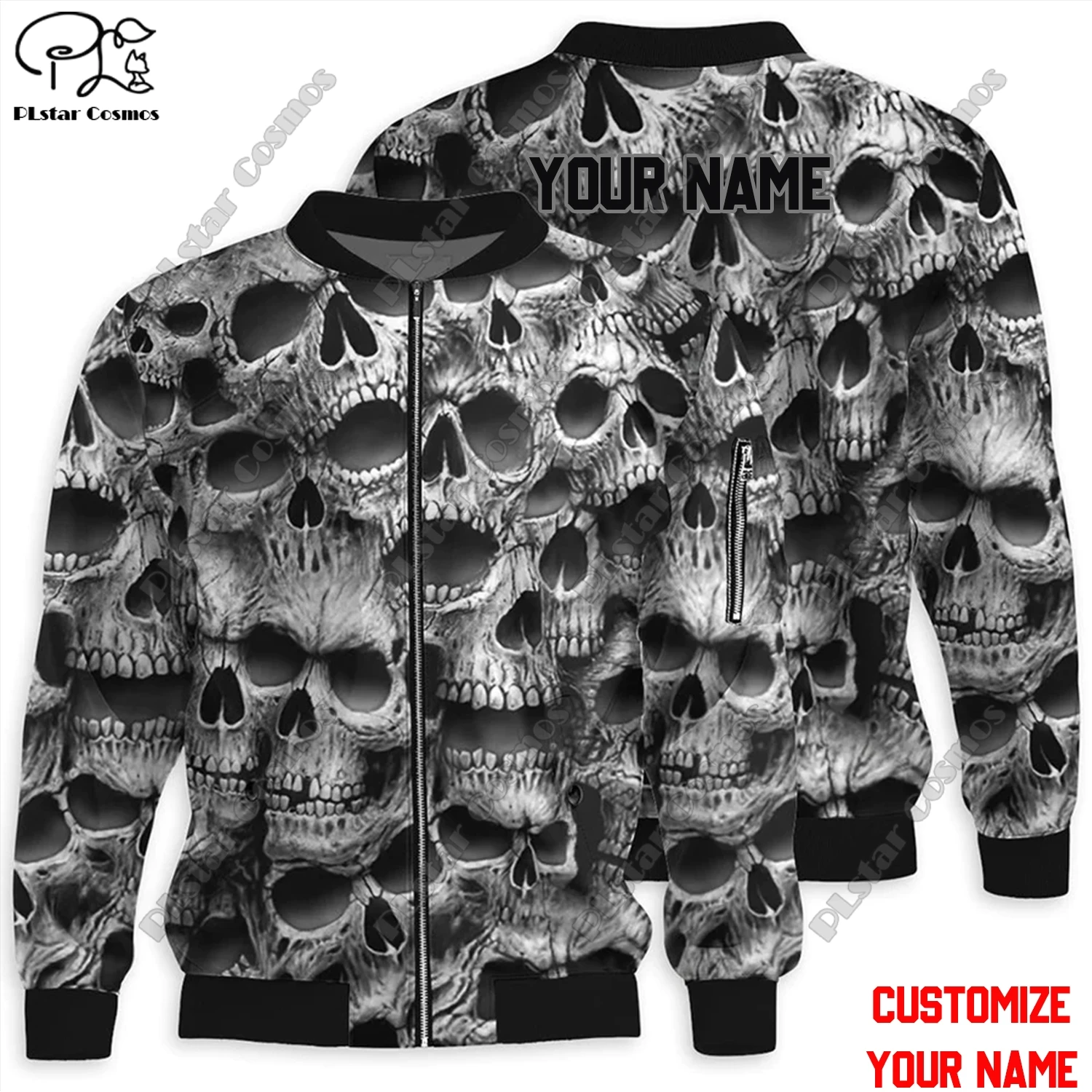 Halloween Series 3D Printed Horror Skull Customized Name Latest Unisex Winter Warm Zippered Flight Jacket Casual W-3