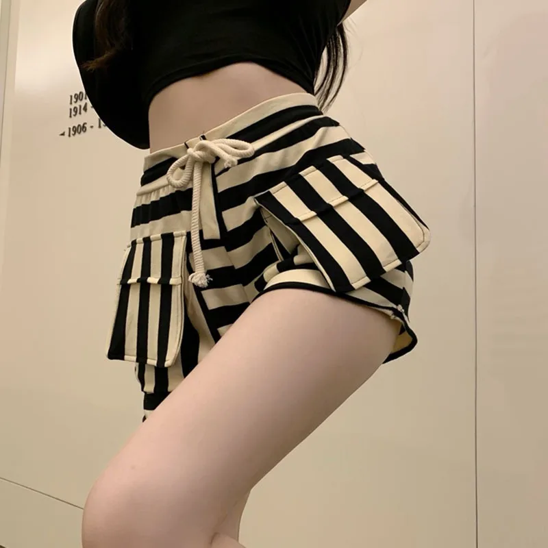 Elegant Drawstring Wild Shorts Women Stripe Printing Pocket High Waist Shorts Bandage Easy Elastic Casual Short Pants Lady