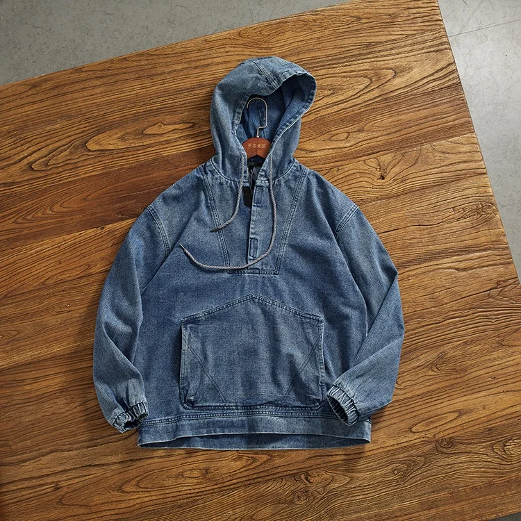 

Retro American Loose Fit Hooded Denim Overhead Jaet Men's Semi-Unbuttoned Collar y Couple's Japanese Sle Outerwear
