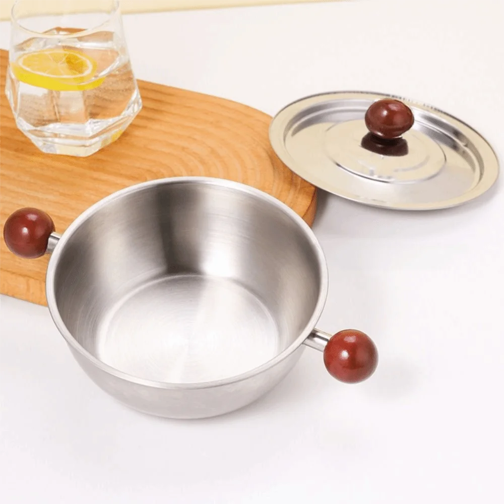 High Quality Stainless Steel Complementary Food Pot Wood Ball Handle Silver Small Cookware Round Bowl Salad Bowl Housework