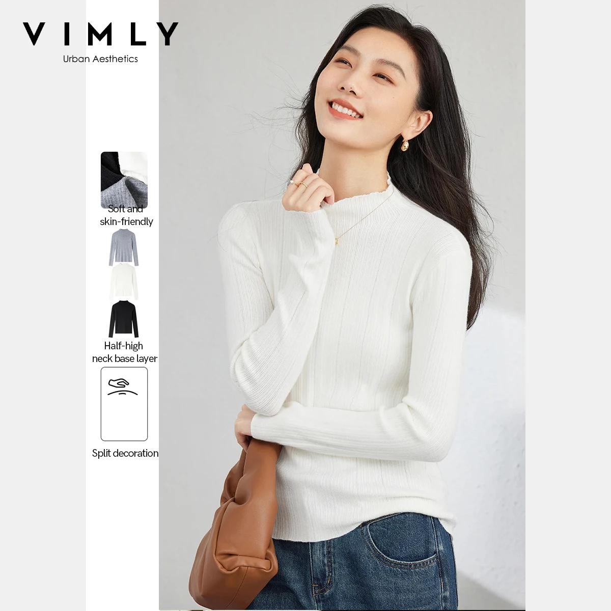 VIMLY سترة نسائية غير رسمية برقبة وهمية لخريف 2025 بلوفرات متينة متعددة الاستخدامات بسيطة بأكمام طويلة ملابس علوية ضيقة للسيدات 73531