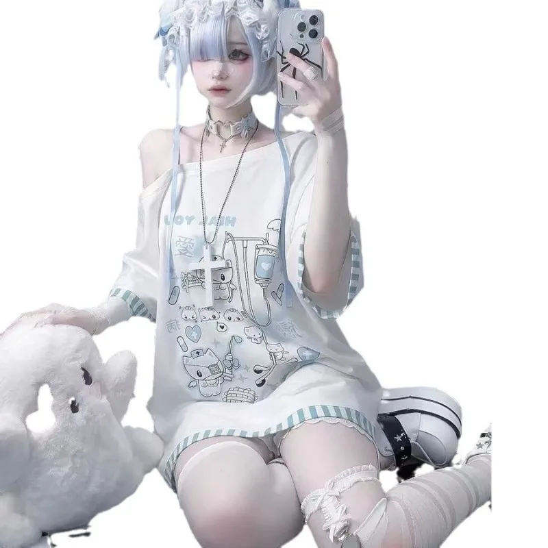 

Новые летние женские футболки 2026 в японском и корейском стиле, уличная повседневная одежда, топы с открытыми плечами, футболки с аниме-принтом, модные футболки Y2K