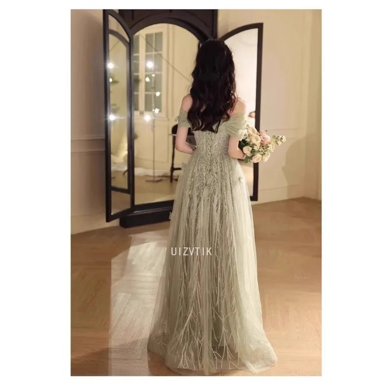 Blue Off-Shoulder Wedding Dresses Long Prom Party Evening Dresses Lace-up Back Shining Beading Sequins Formal Occasion Dress