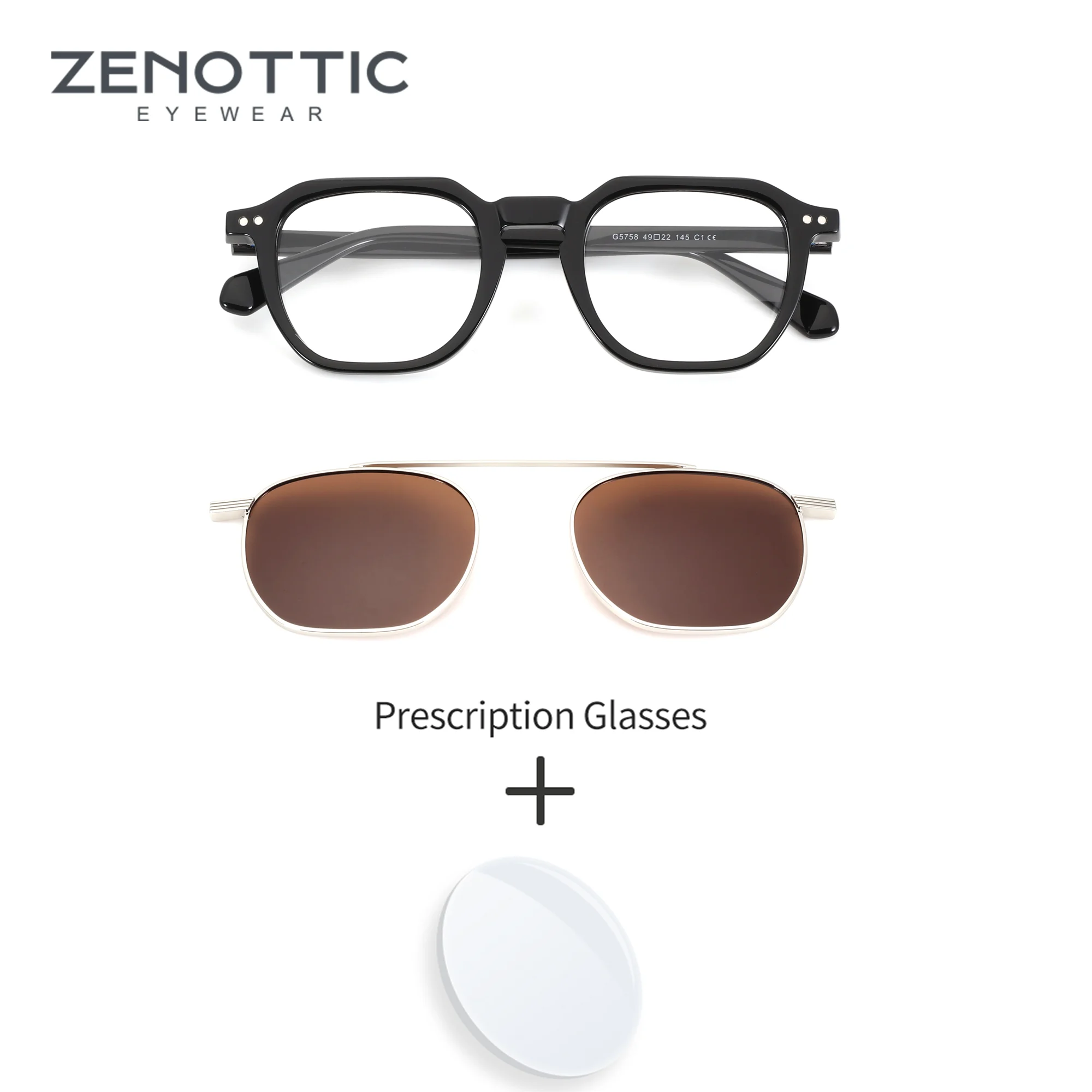 ZENOTTIC S Size Double Bridge Square Acetate Optical Prescription Sunglasses for Men Removable Clip On UV400 Polarized Shades