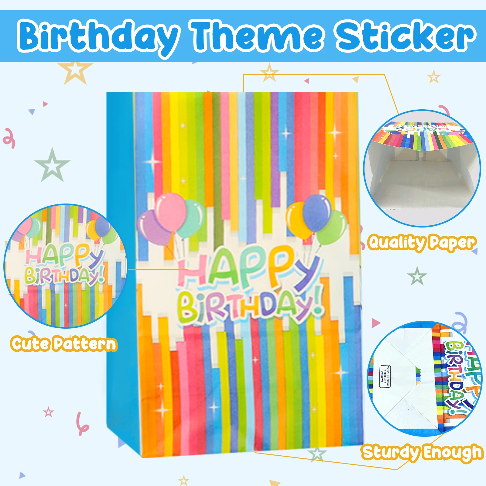 24 Pcs Birthday Theme Party Gift Bag with 24 Pcs Stickers, Birthday  Party Decorations 8 Designs Paper Candy Bag Gift for Party,