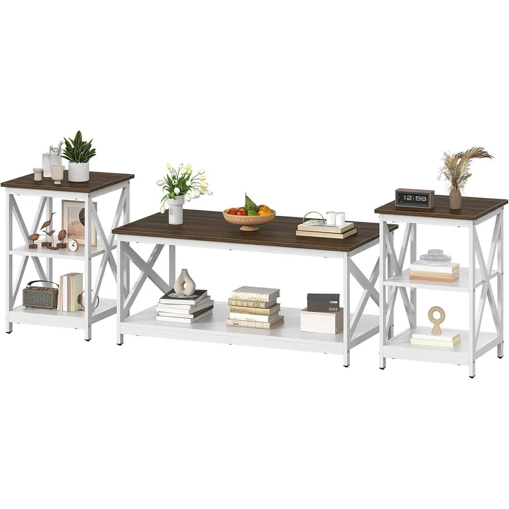 

3-Piece Industrial-Style Living Room Coffee Table Set with Storage, White and Walnut Brown