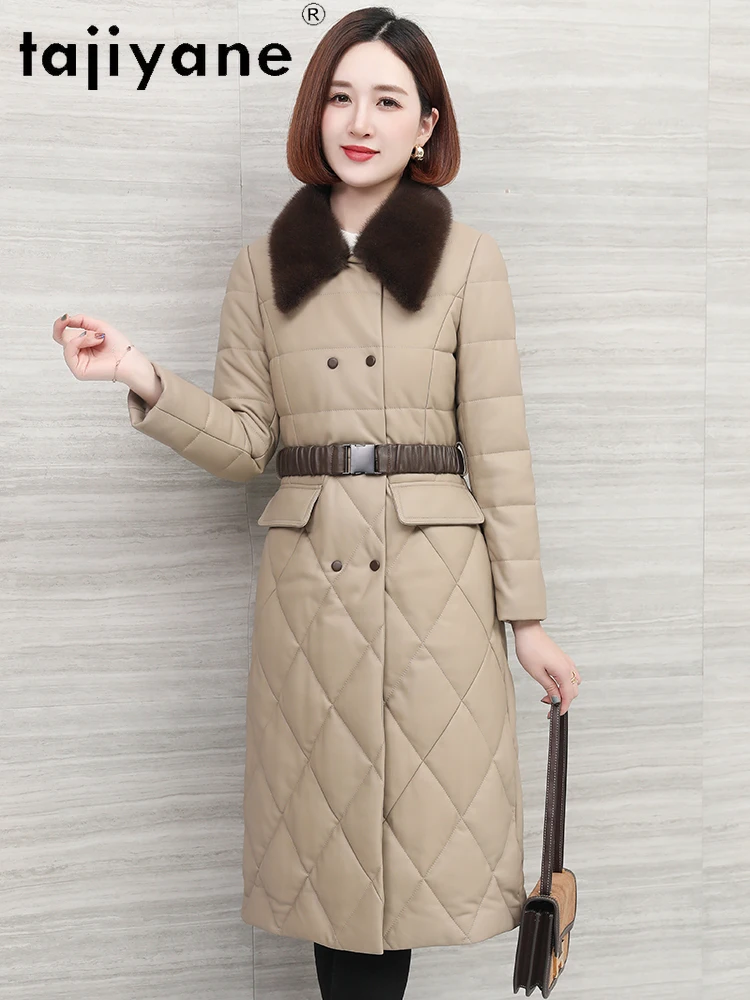 TAJIYANE 100 % Echtes Schaffell Daunenmantel Frau Echtes Leder Lange Schlanke Pufferjacke mit Nerz Pelzkragen 2025 Winterkleidung
