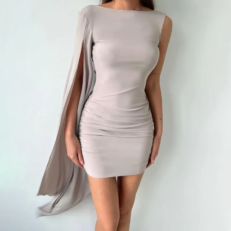 루치드 바디콘 미니 드레스 원숄더 슬릿 플레어 롱 슬리브 드레이프 백리스 슬림 파티 클럽웨어 여성 우아하고 섹시한 베스티도스