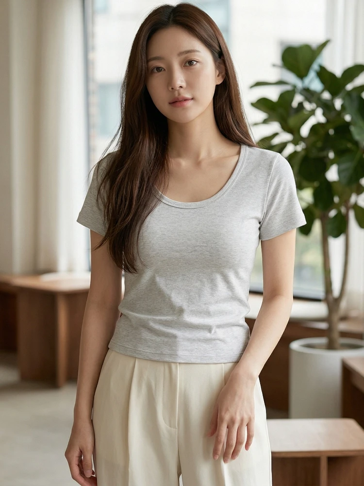 T-shirt Femme Col U Printemps-Été 2026 – Tendance, Coupe Slim, Manches Courtes, Couleur Unie Coréenne, Polyvalent, Décontracté, Style Y2K