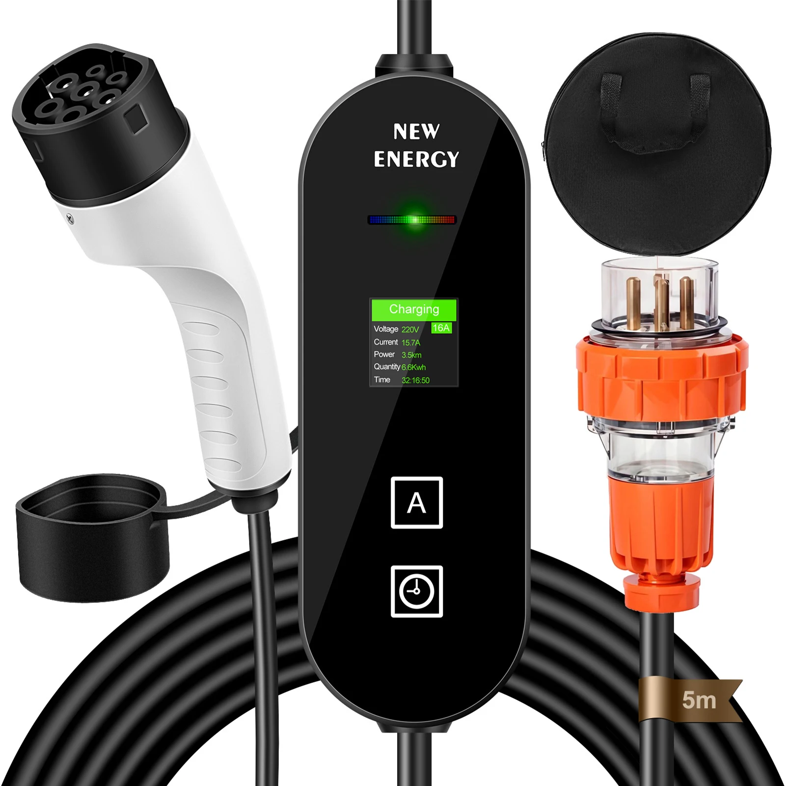 Protable Type 2 EV Charger EV Charger TPU Cable With LCD Display With 3PIN Industrial Plug