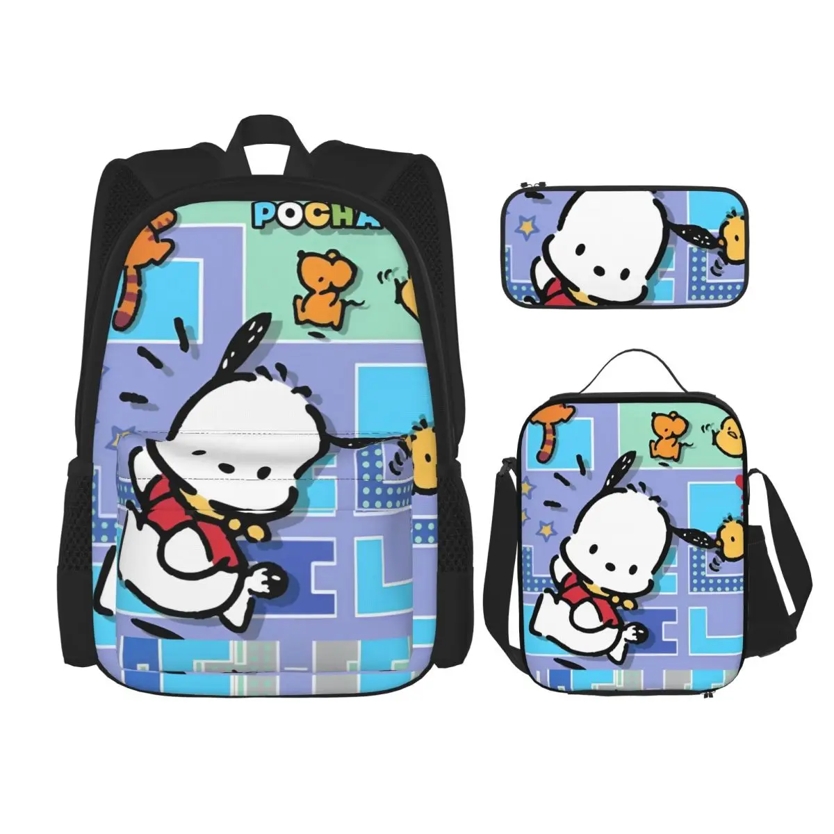 

Kawaii Pochacco 3pecs/set Backpack for Boys Girls Cartoon Dog College Canvas Bags Lunch bag Pencil Case