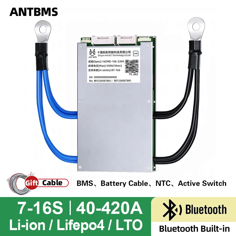

Smart 7S to 16S 8S 12S 13S 15S 10S ANT BMS Li-ion Lifepo4 LTO Battery Protection Board Bluetooth APP 24V 36V 48V 80A 130A 420A