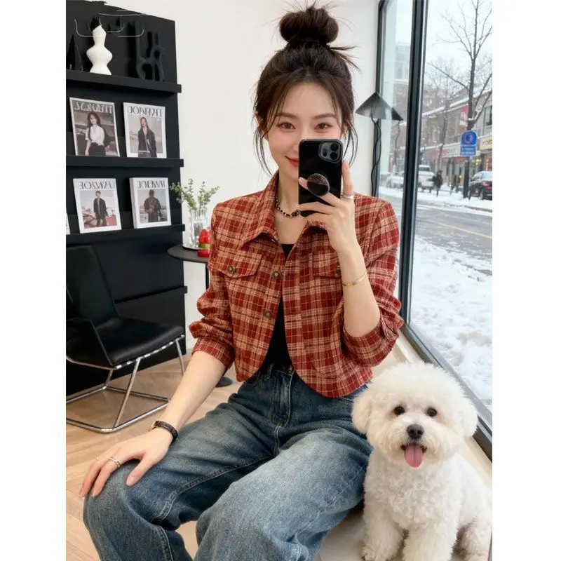 

Retro Plaid irt Jaet Women's Spring Autumn ort Sve Long Sve Sweet Top High Quali Versatile Polyester Fiber