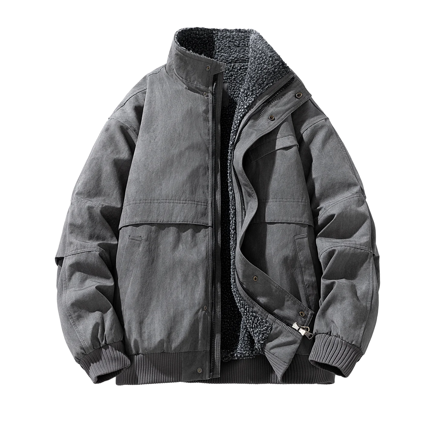 Winter Warm Sherpa‑Lined Bomber Jacket Stand‑up Collar Zip‑Front Outer Coat Ribbed Cuffs for Cold‑Weather Casual Commuting