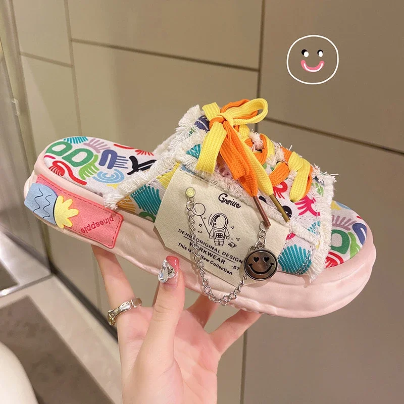 Fashion Design Summer Women Graffiti Slippers Platform Shoes Mules Flip Flops Street Sandals Clogs Flat Casual Shoes For Female