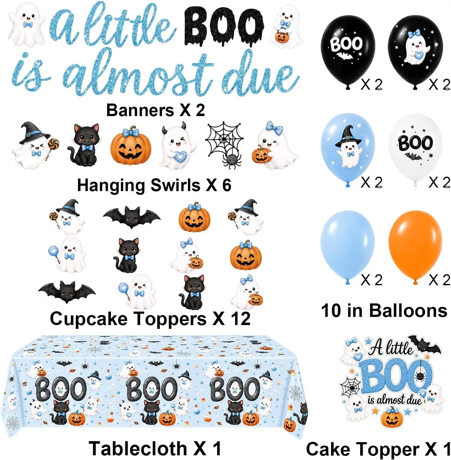 LINHAXM Halloween Baby Shower Decorations, Blue A Little Boo Is Almost Due Party Supplies with Cute Spooky Tableware, Toppers, Banner, Hanging Swirls, Tablecloth, Balloons, Serves 24
